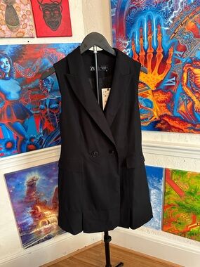Zara Black Sleeveless Double-Breasted Blazer